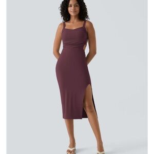 HALARA Ruched Lace Up Bodycon Midi Casual Dress - Fig